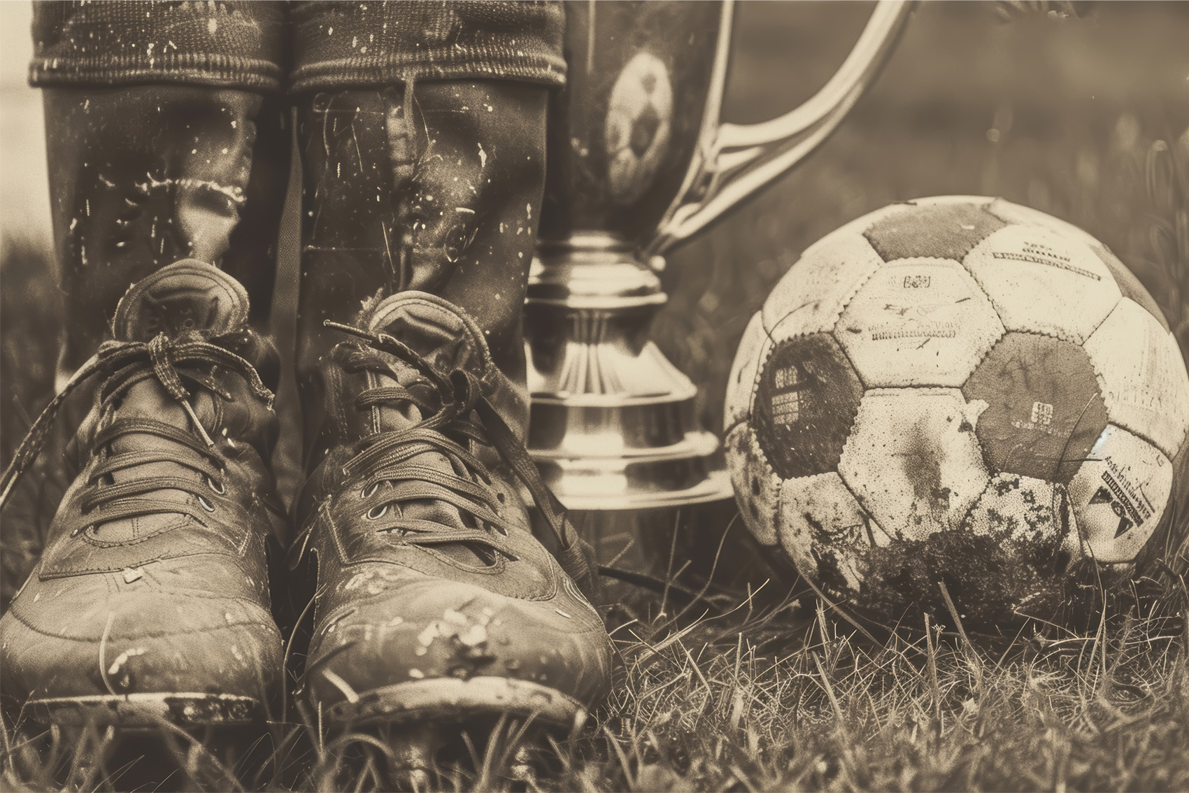 Fußballschuhe, Fußball und Pokal auf einem Sepia-Foto
