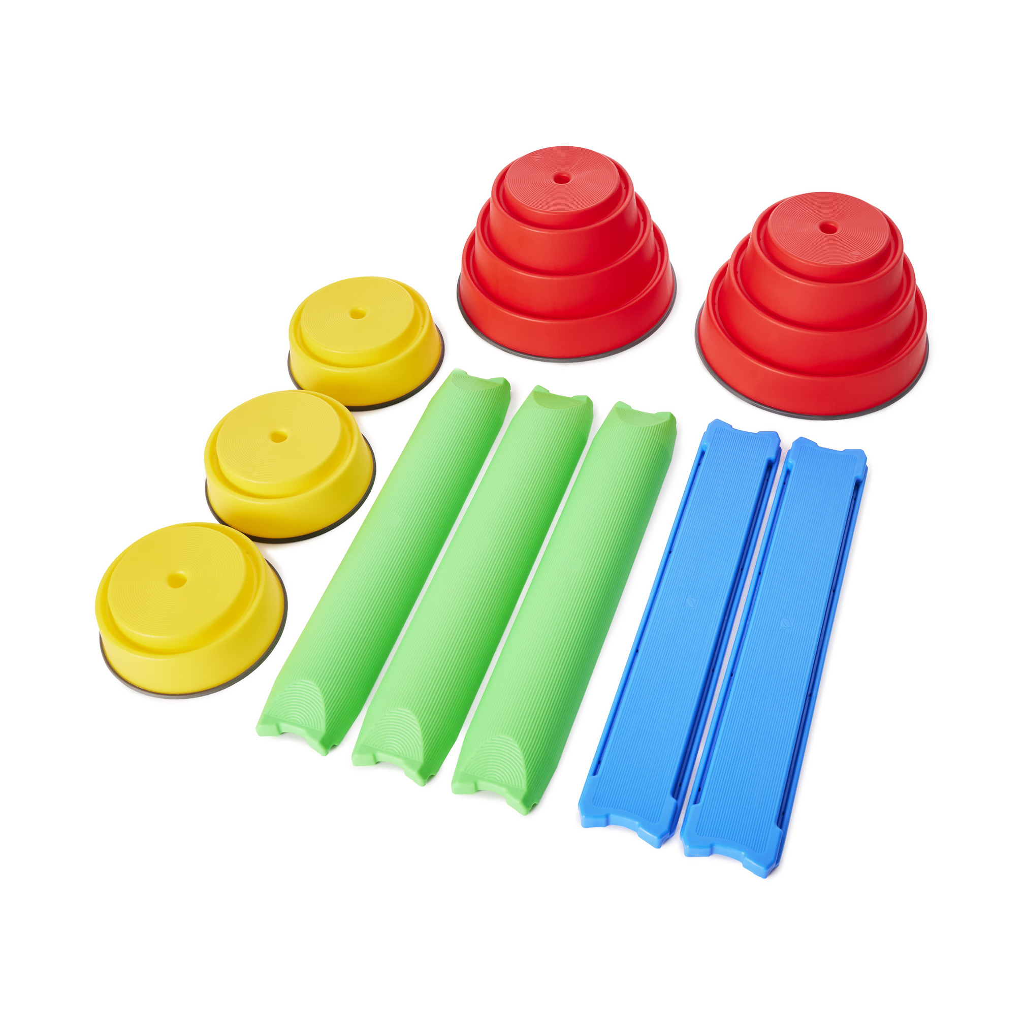 Build 'N Balance Starter Set with 2 red high bases, 3 yellow low bases, 3 green plank and 2 blue planks